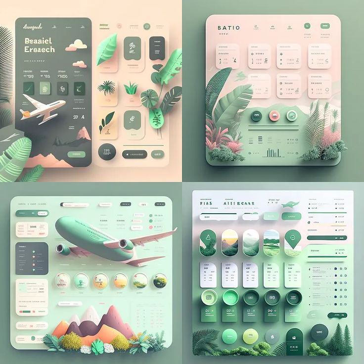 Tropical-themed user interface designs with flight and travel elements, using pastel colors and nature-inspired graphics.