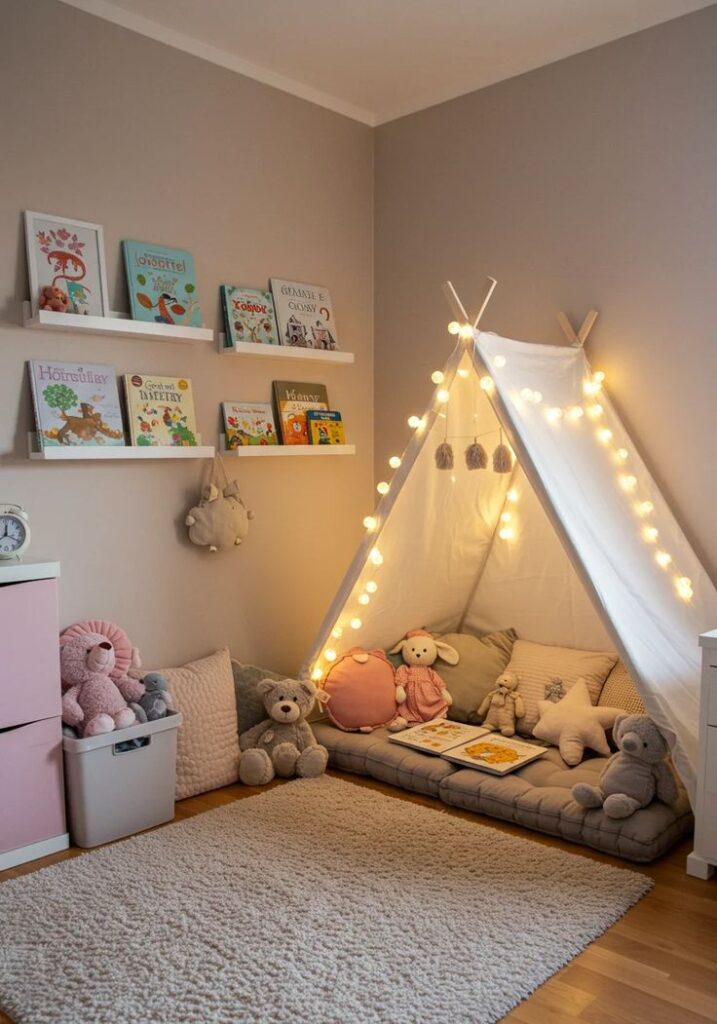 Cozy kids' reading nook with a tent, fairy lights, plush toys, and bookshelves in a softly lit room.
