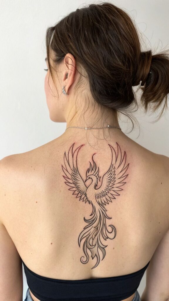 Phoenix tattoo design on woman's back, showcasing intricate lines and bold artistic detail.