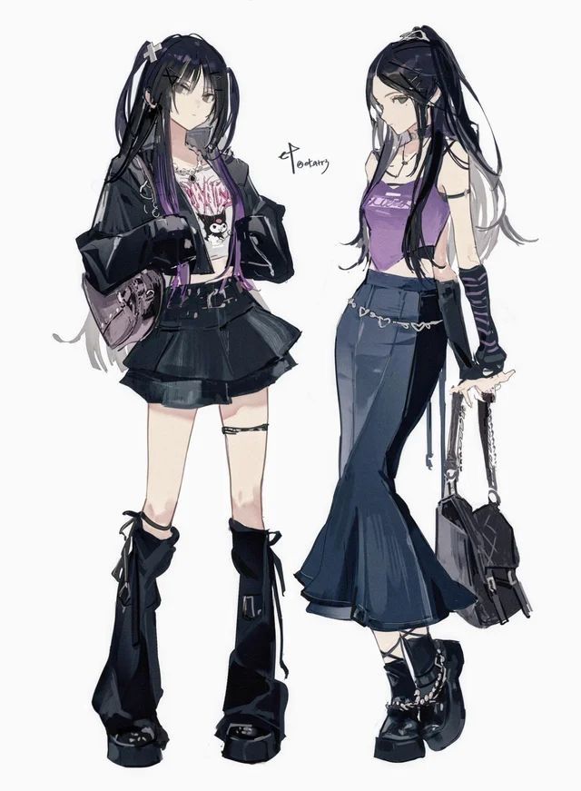 Two stylish anime characters in gothic outfits with long black hair, wearing boots and holding bags.