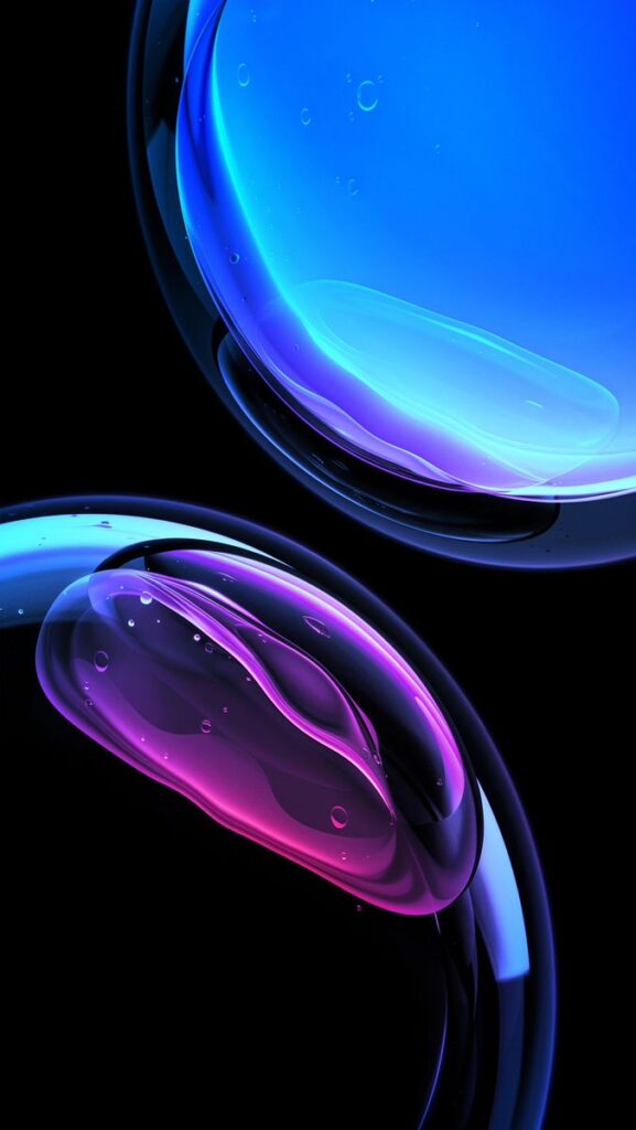 Abstract image of vibrant blue and purple liquid bubbles with a glossy texture on a black background.