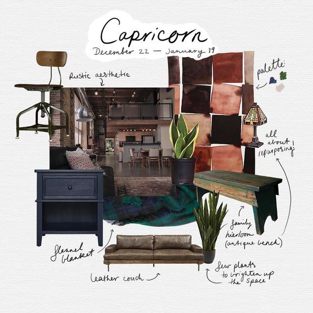 Capricorn-inspired rustic interior design collage with furniture, plants, and earthy color palette.