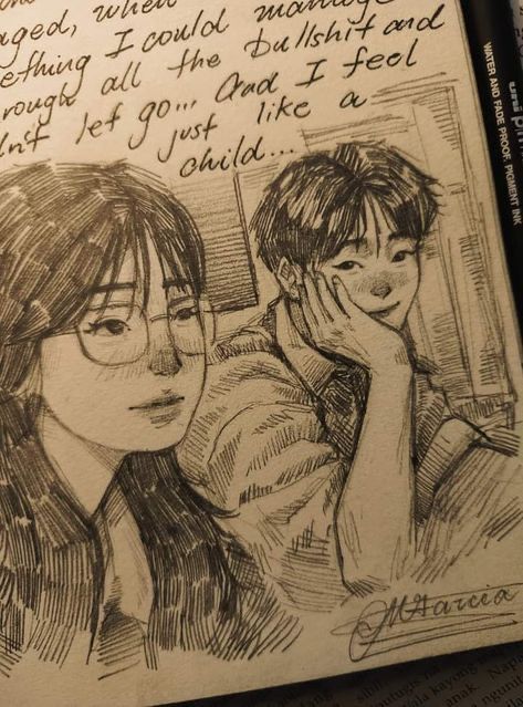 Pencil sketch of a thoughtful man and woman with text in the background, vintage artistic style.