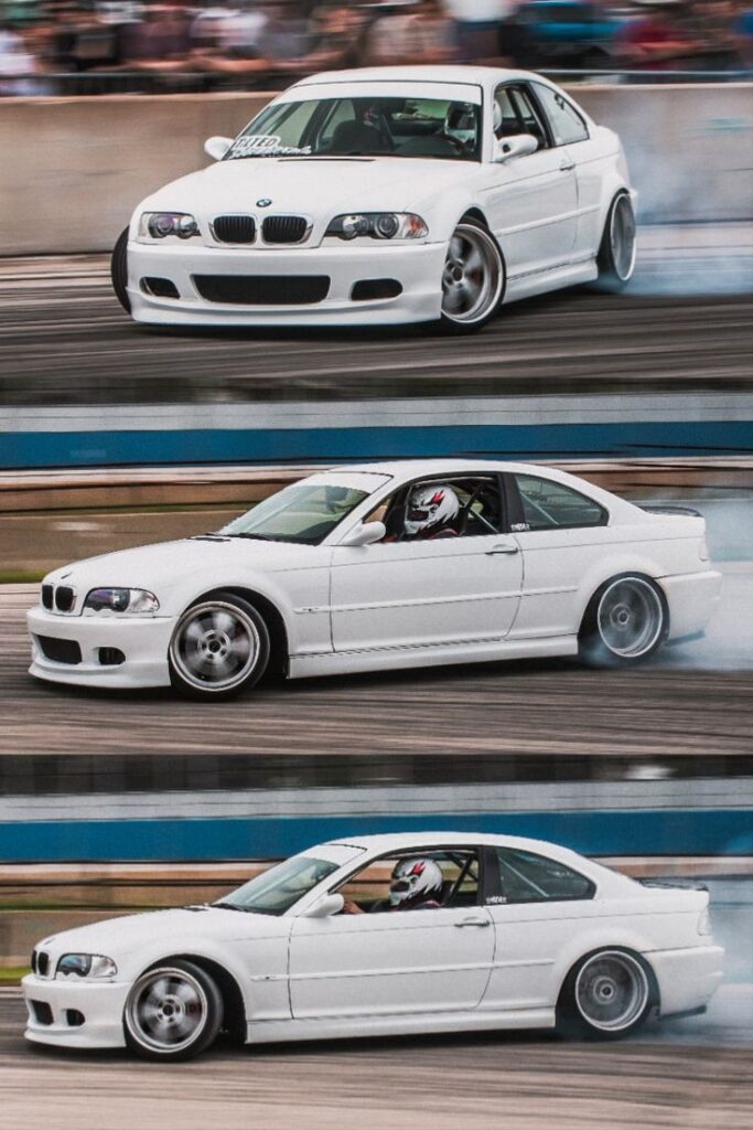 White BMW E46 drifting on a racetrack, showcasing speed and control with smoke trailing from its tires.
