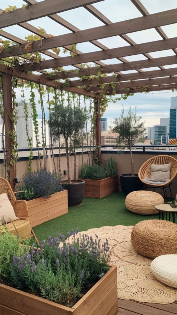 Cozy rooftop garden with wooden pergola, potted plants, wicker chairs, and city skyline in the background.