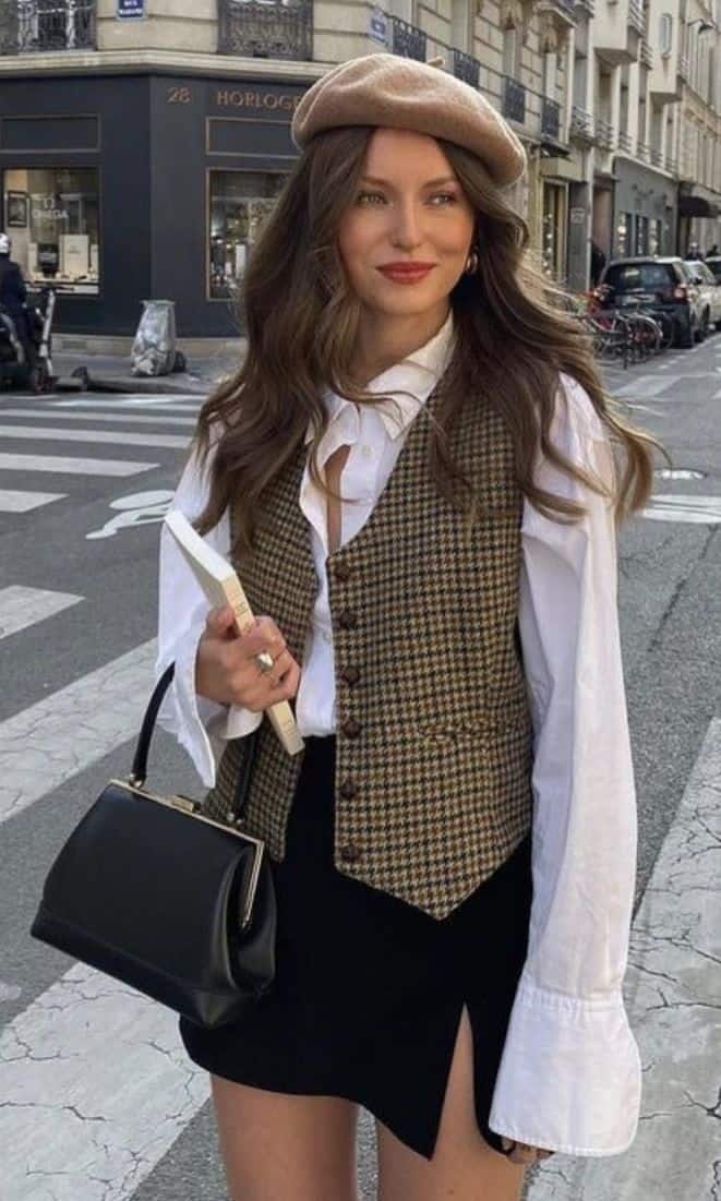 Fashionable woman in Parisian street style: beret, white blouse, plaid vest, holding a book and purse in the city.