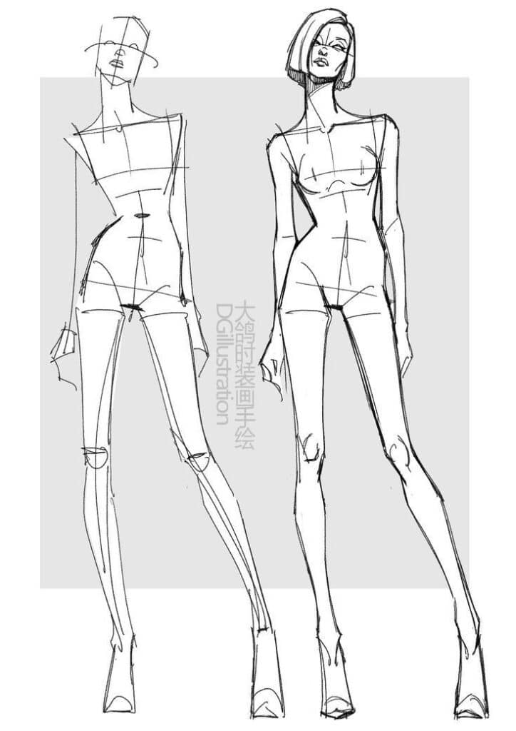 Fashion illustration sketch of two female figures in stylish poses, showcasing design proportions.