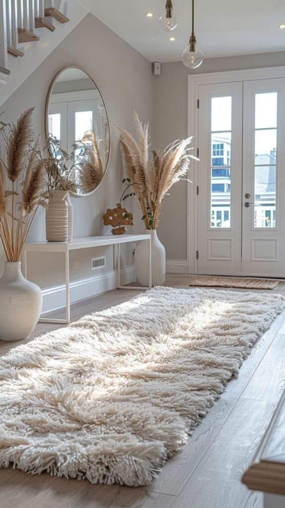 Modern hallway with a fluffy rug, pampas grass in vases, and a round mirror reflecting natural light from a glass door.