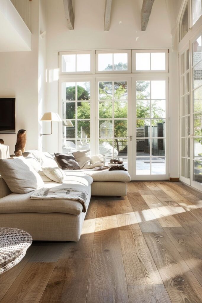 Bright living room with wooden floors, cozy beige sofa, and large windows letting in natural light.
