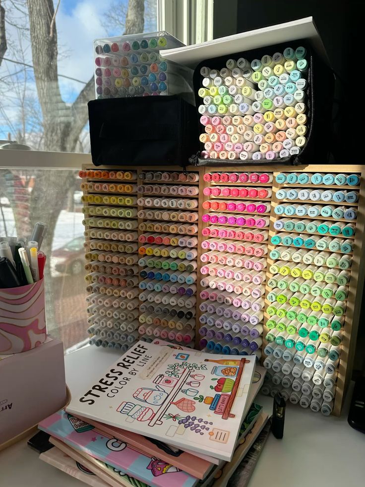 Organized collection of colorful markers on shelves, perfect for art projects and stress relief coloring books.