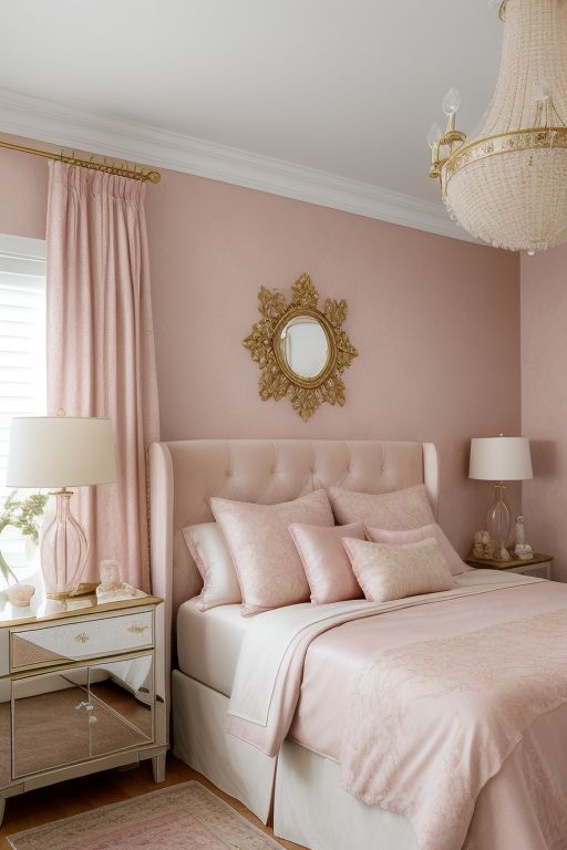 Elegant pink bedroom with plush bedding, gold mirror, and chandelier for a serene and stylish interior design.