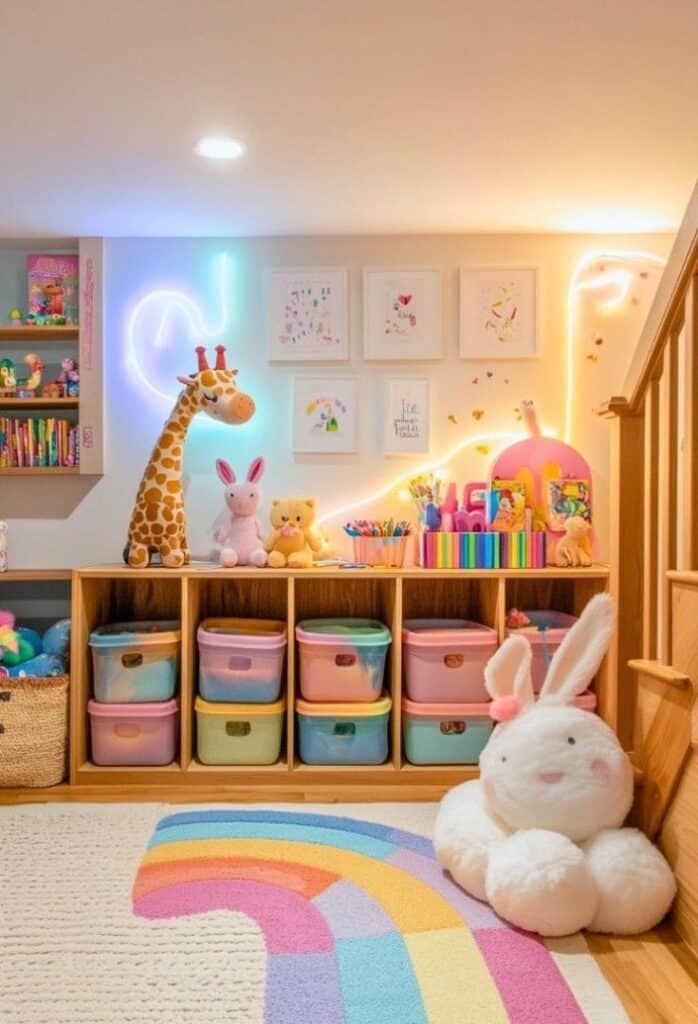 Colorful kids' playroom with plush toys, rainbow rug, neon lights, and storage bins under wall art. Cozy and fun space.
