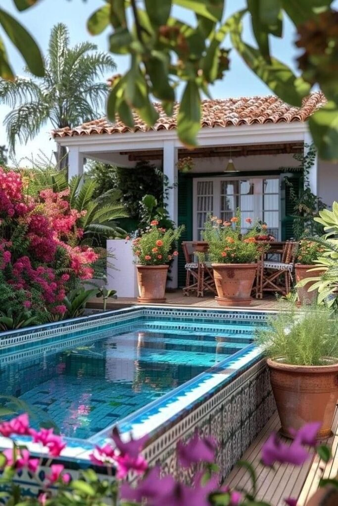 Charming patio with lush flowers, pool, and rustic decor evokes serene Mediterranean garden vibe.