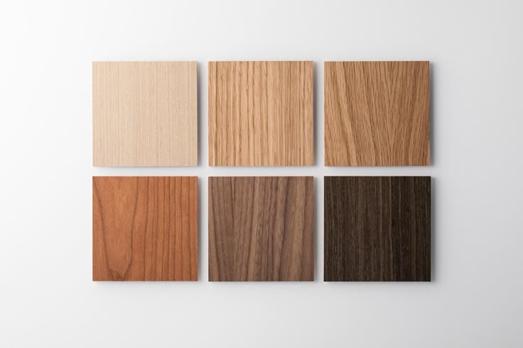 Six wood texture samples in various shades, displayed in a grid on a white background.