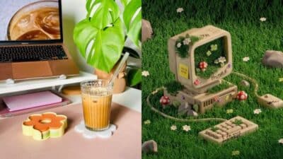 Left: Iced coffee on a desk with a laptop and plant. Right: Vintage computer adorned with greenery on grass.