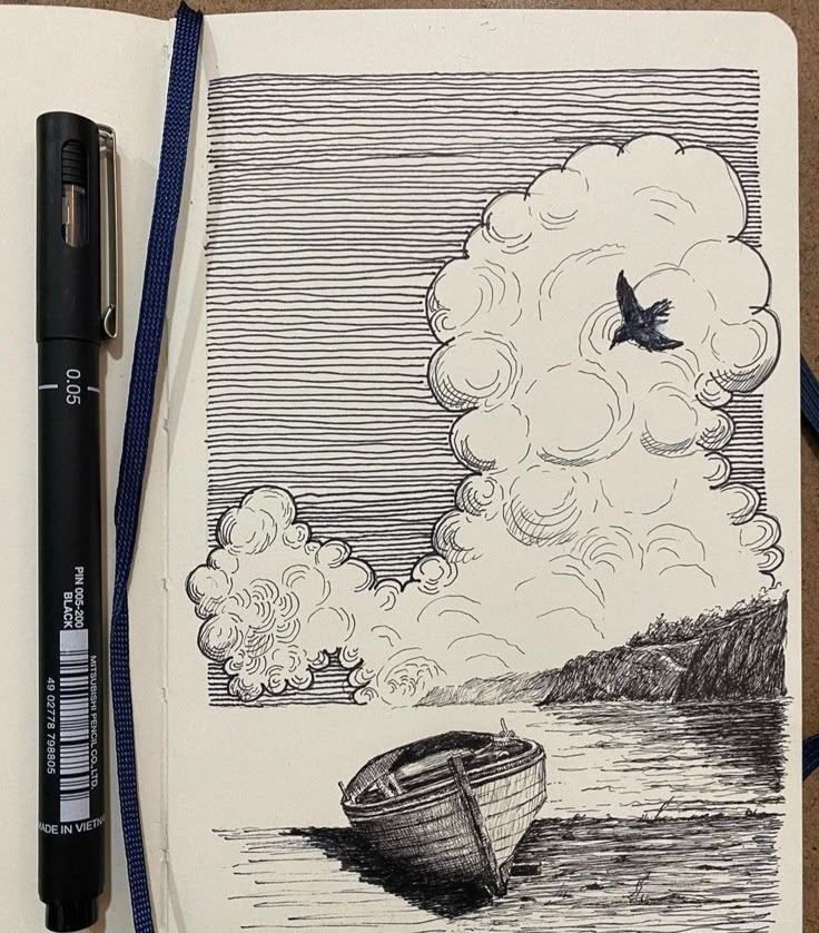 Ink drawing of a boat on shore with fluffy clouds and a flying bird, alongside a black pen. Sketch art concept.