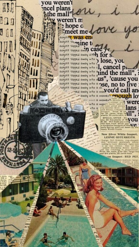 Vintage collage art with buildings, handwritten notes, a camera, and a retro pool scene.