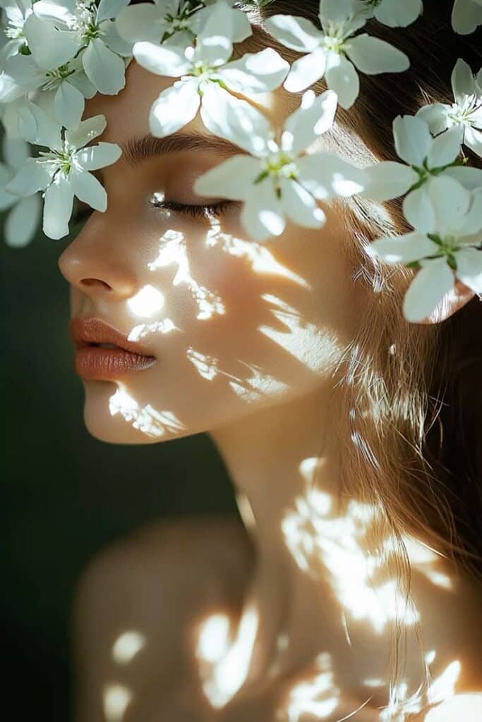 Serene woman with eyes closed, adorned with white flowers, dappled sunlight casting soft shadows on her face.