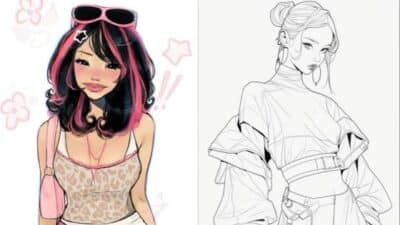Stylish anime girl in colorful outfit and a trendy monochrome fashion sketch side by side.