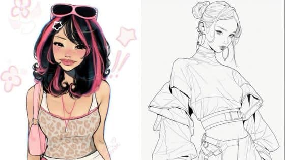 anime girl body Stylish anime girl in colorful outfit and a trendy monochrome fashion sketch side by side. | Sky Rye Design Stylish anime girl in colorful outfit and a trendy monochrome fashion sketch side by side.