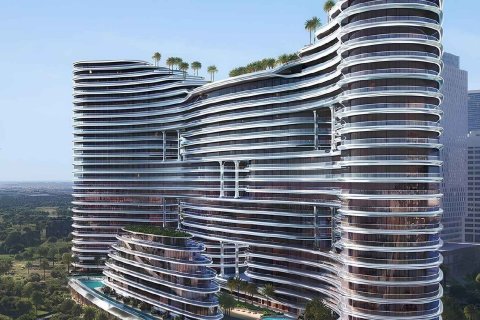 Futuristic skyscraper with curved design, featuring rooftop gardens and a scenic view of the surrounding cityscape.