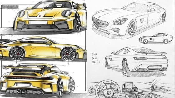 automobile sketch Car design sketches featuring sleek sports cars and detailed interiors, showcasing modern automotive concepts. | Sky Rye Design Car design sketches featuring sleek sports cars and detailed interiors, showcasing modern automotive concepts.