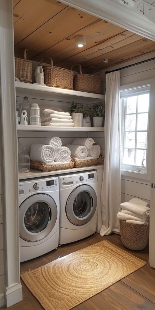 Stylish laundry room with washer, dryer, and shelves of neatly stacked towels and baskets. Cozy and organized space.