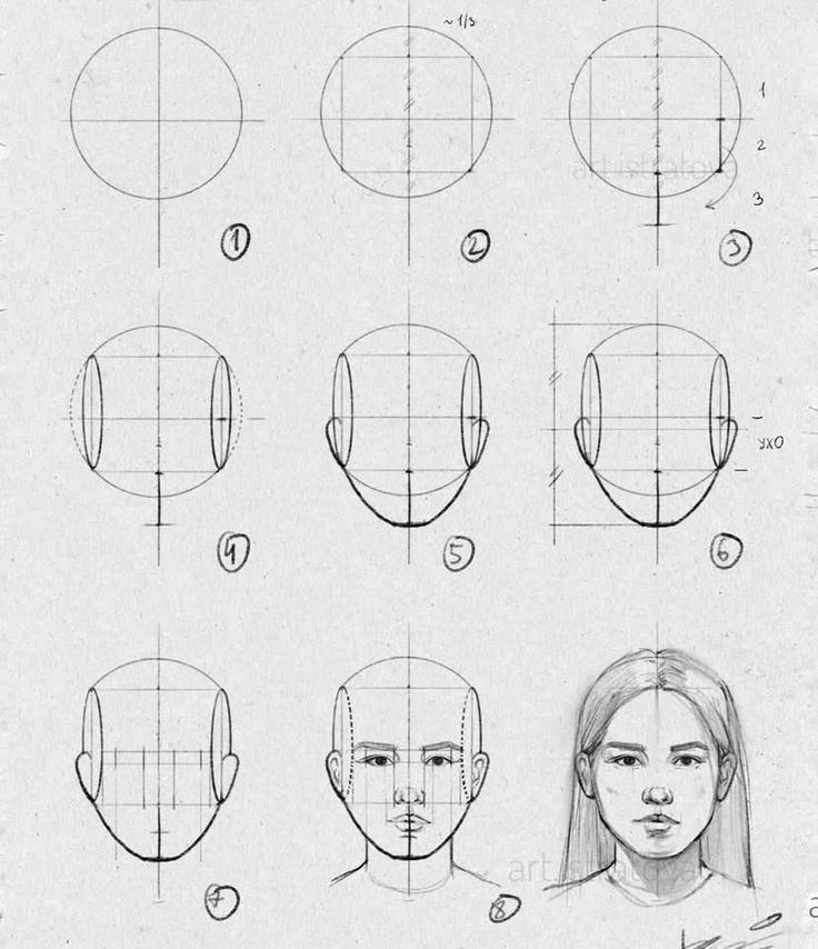 Step-by-step guide to drawing a human face, from basic shapes to detailed portrait.