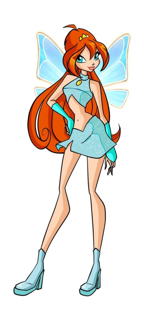 Animated fairy with orange hair and blue outfit, striking a confident pose with translucent wings.