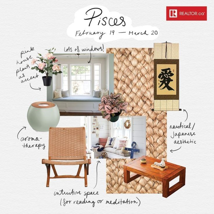 Pisces-themed interior design with Japanese aesthetic, featuring plants, aromatherapy, and an intuitive reading space.