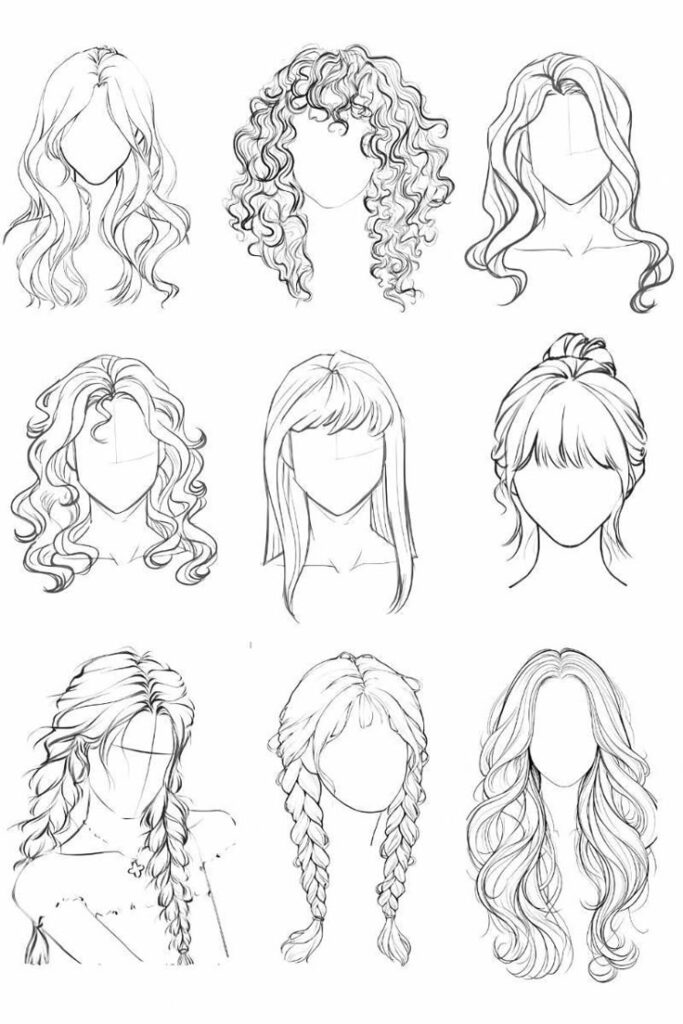 Illustrated hairstyles: straight, curly, wavy, braided, ponytail, and bangs. Nine diverse hair designs in black and white.