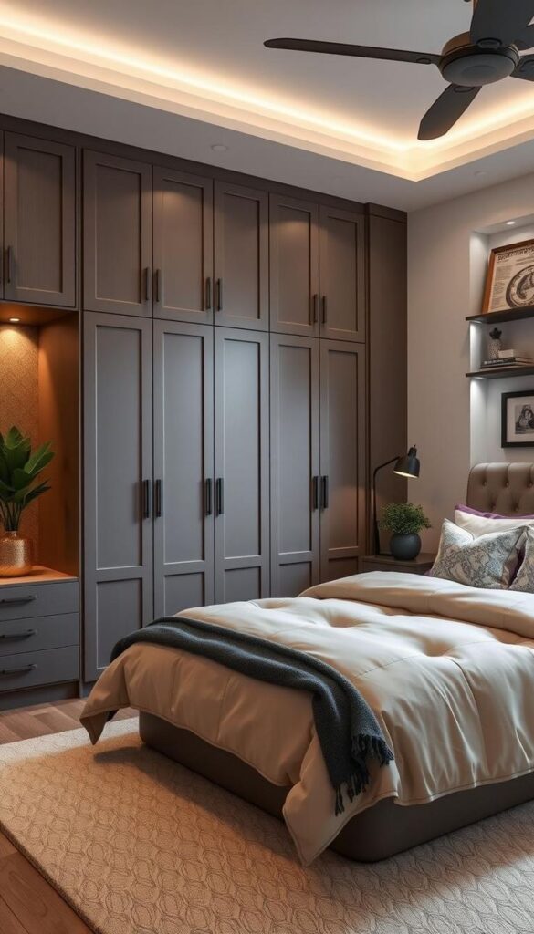 Modern bedroom with cozy bed, built-in wardrobe, ceiling fan, and soft lighting for a relaxing atmosphere.
