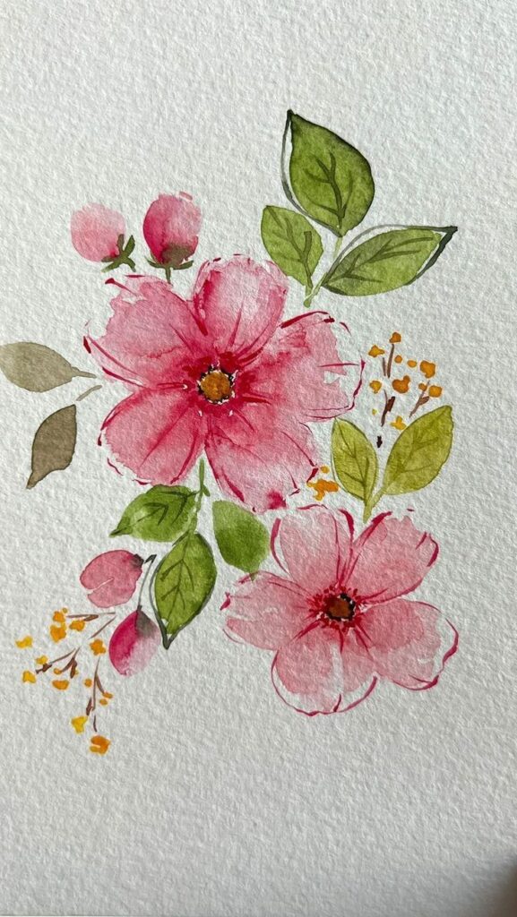 b4542c5d-fe40-4b40-86f2-9495f0bf86fe Watercolor painting of pink flowers with green leaves, capturing vibrant springtime beauty and delicate artistic brushstrokes. | Sky Rye Design Watercolor painting of pink flowers with green leaves, capturing vibrant springtime beauty and delicate artistic brushstrokes.