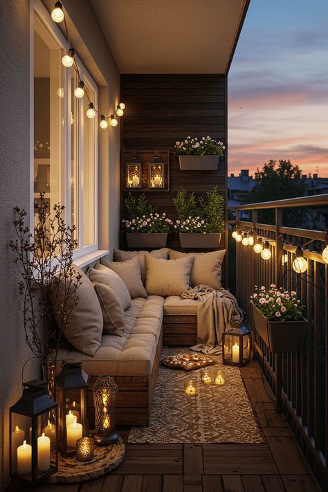 Cozy balcony decorated with string lights, candles, and plants at sunset. Relaxing outdoor nook with comfortable seating.