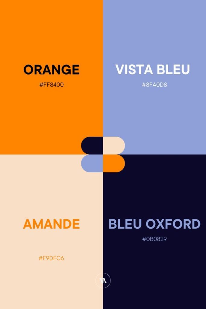 Color palette with orange, blue, almond, and oxford hues, including hex codes: #FF8400, #8FA0D8, #F9DFC6, #0B0829.
