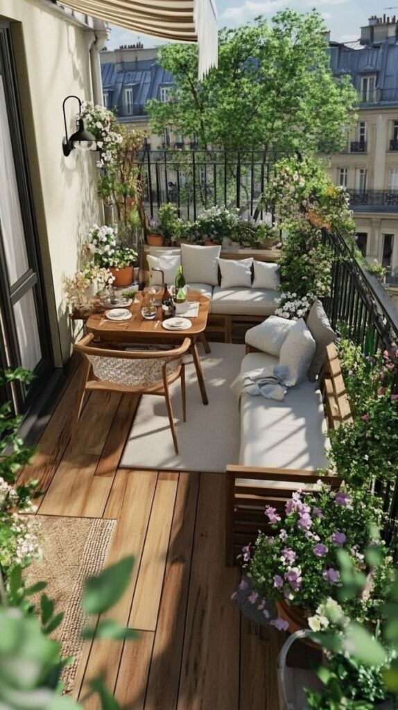 Charming balcony with cozy seating and wooden dining set, surrounded by lush greenery and blooming flowers under a striped awning.