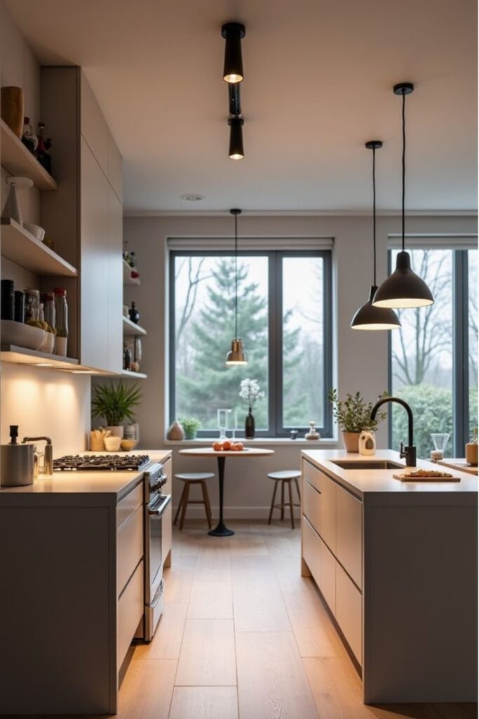 Modern kitchen with island, pendant lights, large windows, and outdoor view. Cozy dining nook with stools and table.