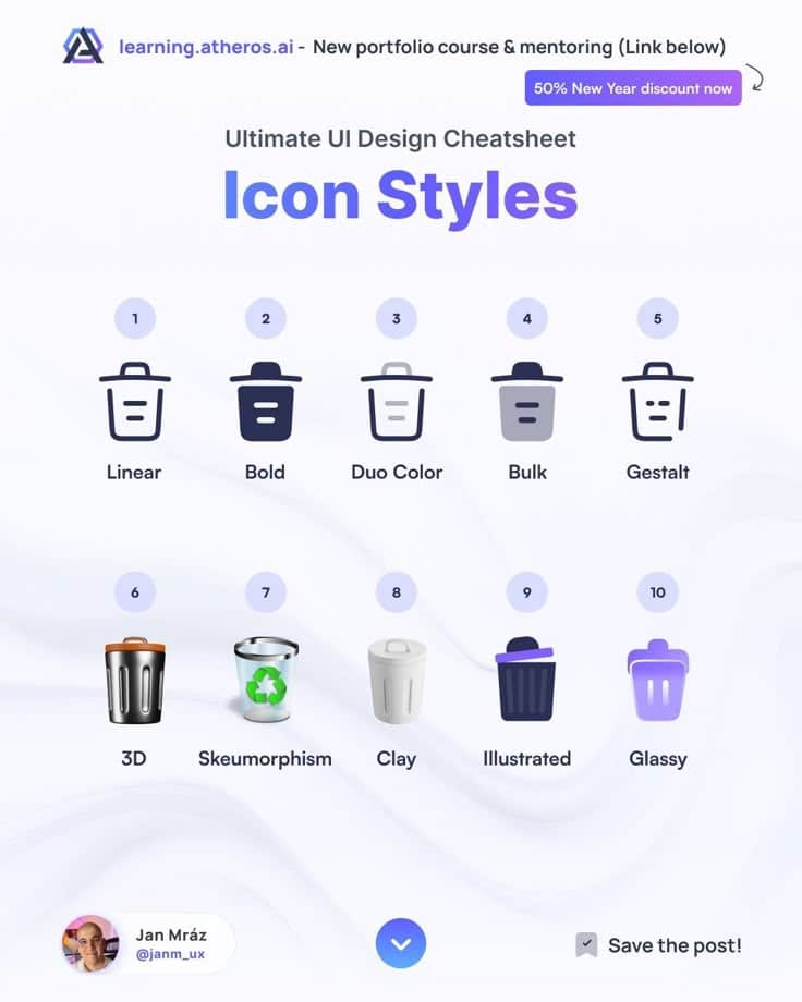 Showcase of 10 UI icon styles including linear, bold, skeuomorphism, and more from Ultimate UI Design Cheatsheet.
