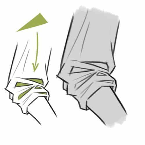 Illustration showing method to neatly roll up a shirt sleeve with an arrow indicating the folding direction.