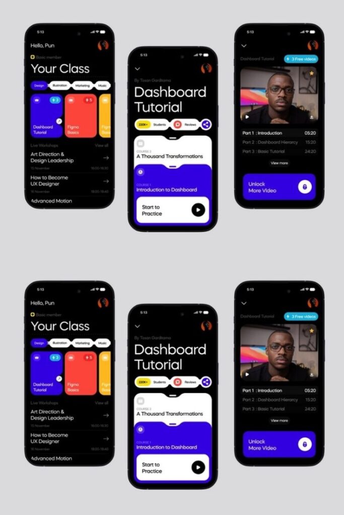 Mobile app interface displaying online design tutorials and workshops.