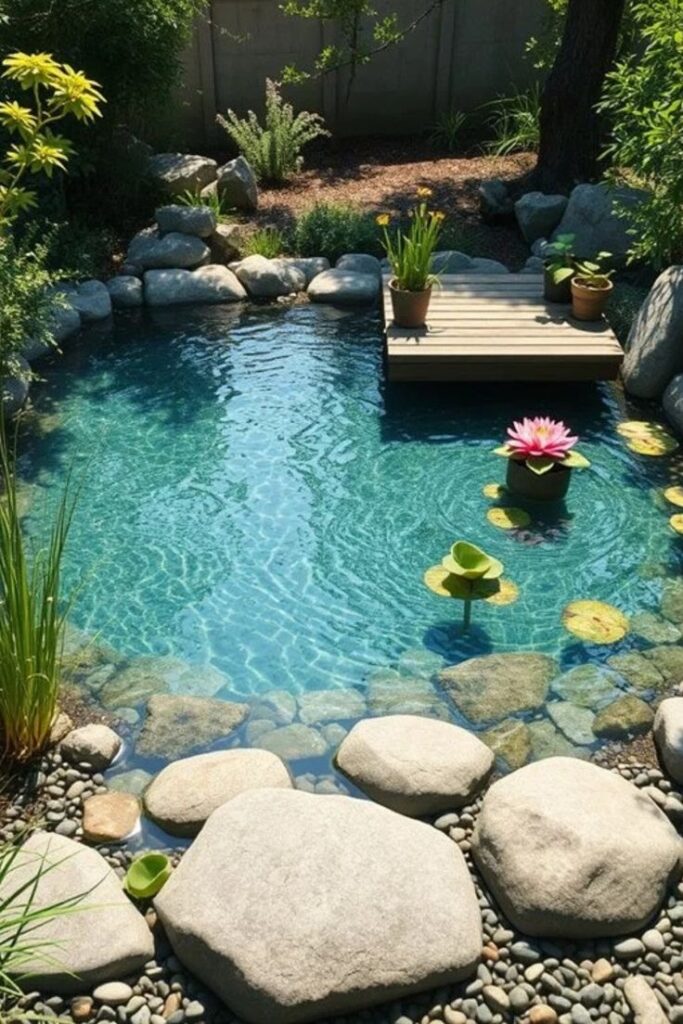 Tranquil backyard pond with clear water, stone border, wooden deck, and vibrant lily pads in a serene garden setting.