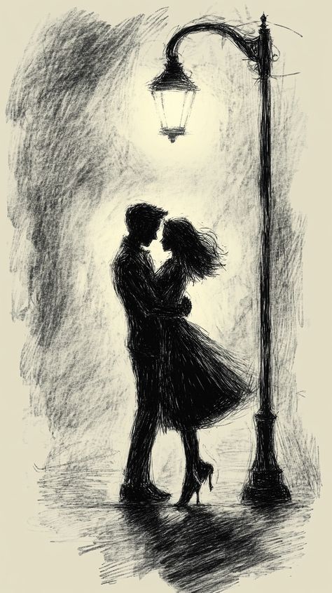 Silhouette of a couple embracing under a streetlamp, sketch style, capturing romantic night ambiance.
