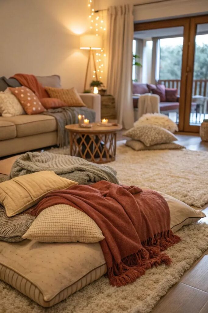 Cozy living room with pillows, blankets, and candles on a soft rug, creating a warm and inviting ambiance.