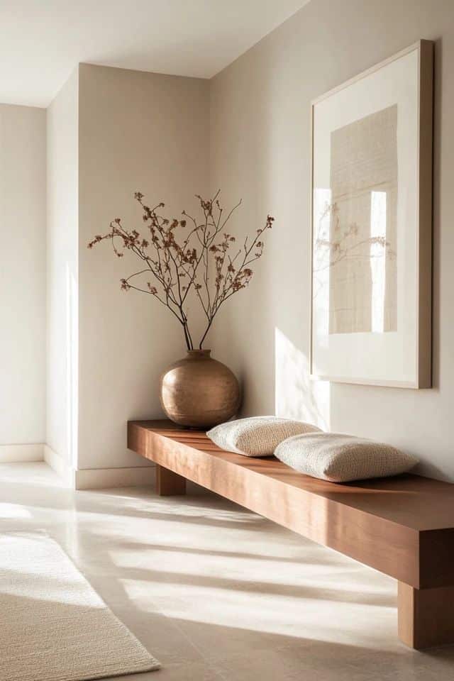 Minimalist interior with a wooden bench, cushions, ceramic vase, and wall art, bathed in soft natural light.