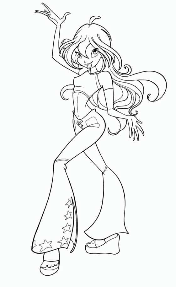 Energetic cartoon girl dancing in flared pants with star patterns, striking a playful pose.