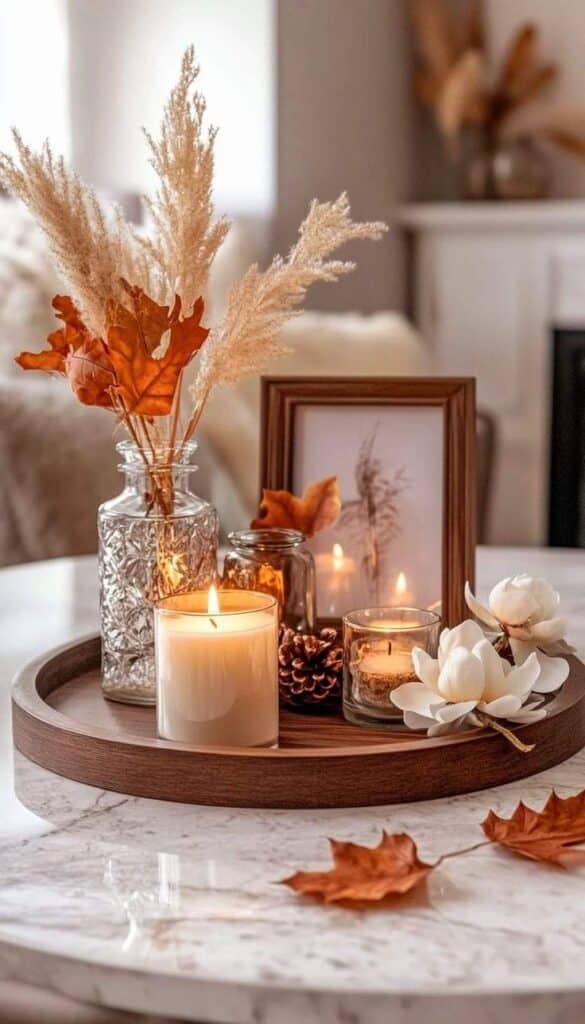 Cozy autumn decor with candles, dried leaves, and flowers on a round tray, creating a warm and inviting ambiance.