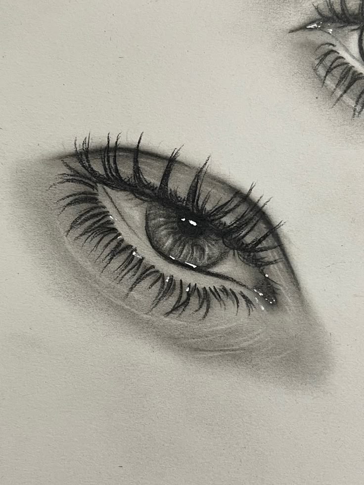 Pencil drawing of a detailed eye with long eyelashes, showcasing fine shading and realistic texture.