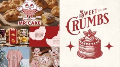 Mr. Cake and Sweet Crumbs brand designs showcasing pastries, merchandise, and logo illustrations.