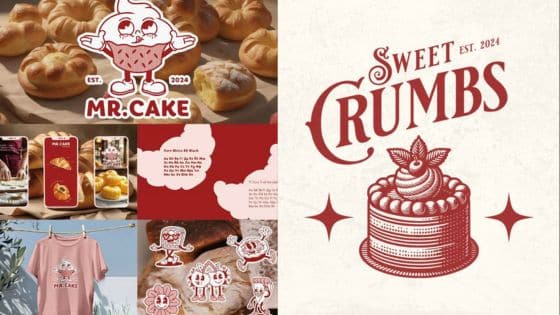 bakery logo design Mr. Cake and Sweet Crumbs brand designs showcasing pastries, merchandise, and logo illustrations. | Sky Rye Design Mr. Cake and Sweet Crumbs brand designs showcasing pastries, merchandise, and logo illustrations.
