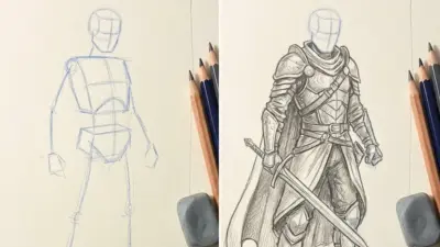 Step-by-step pencil art: blue mannequin sketch transforms into detailed fantasy armored knight with sword, pencils nearby